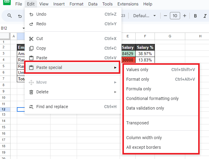 Paste Special in Google Sheets